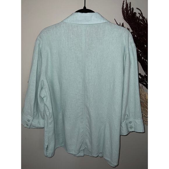Miss Lili size 2X linen blend blue beachy roll tab half sleeve blouse button up - Picture 5 of 8